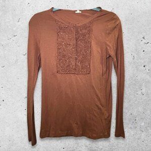 J.Crew Blouse Long Sleeve Scoop Neckline Lace‎ Front Panel Soft Rust Brown Small